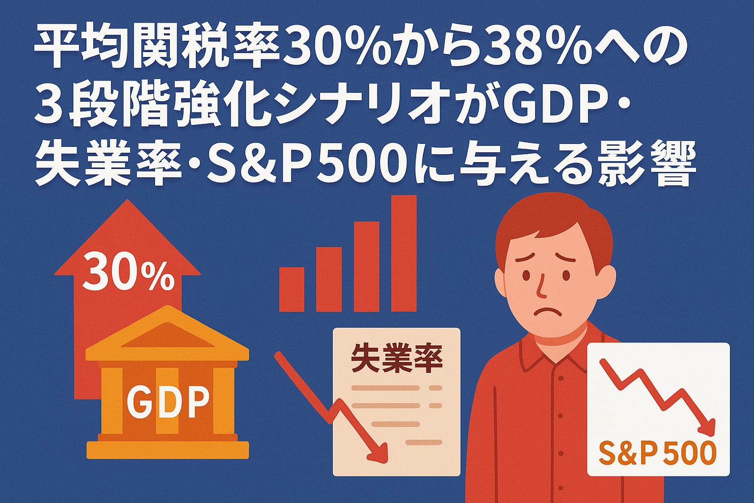 平均関税率30％から38％への3段階強化シナリオがGDP・失業率・S&P 500に与える影響