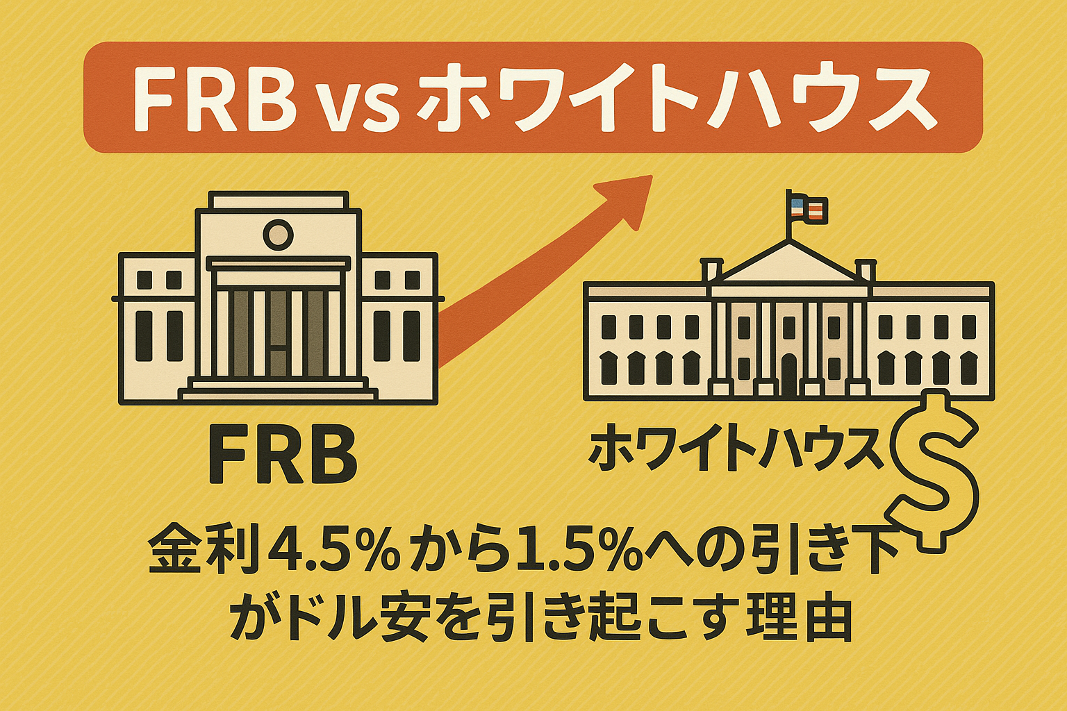 FRB vs ホワイトハウス 金利4.5％から1.5％への引き下げがドル安を引き起こす理由